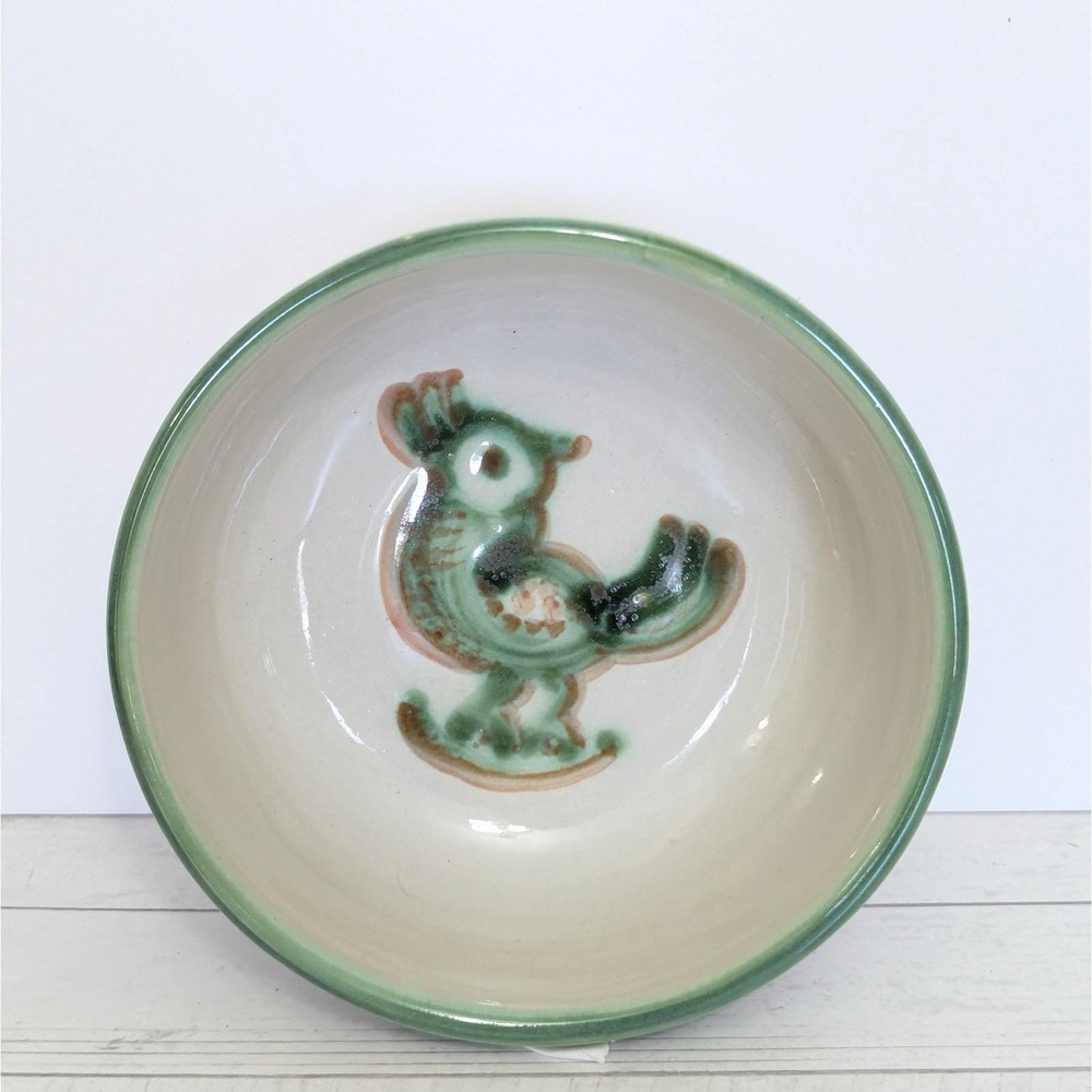 M A Hadley Stoneware Art Pottery Green Bird 5.5" Cereal Soup Bowl Signed *3 of 4